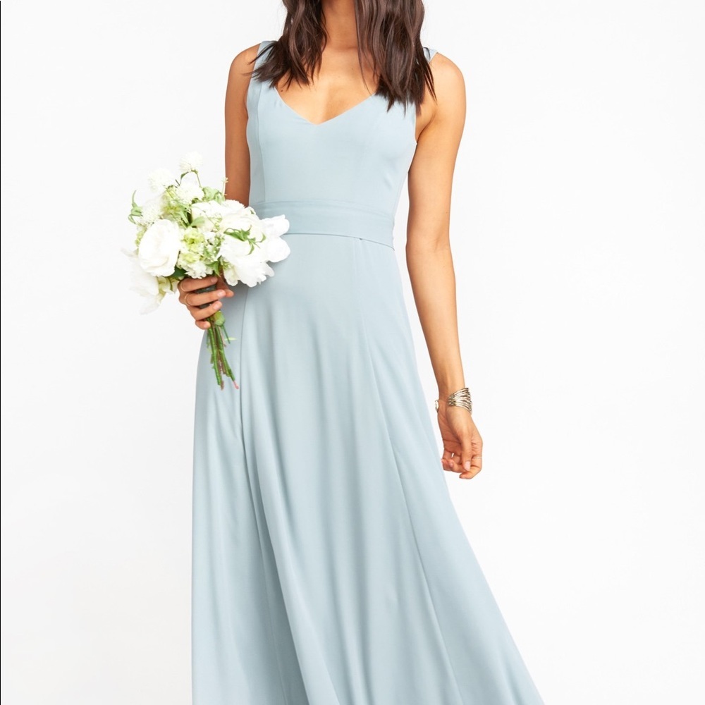 Show Me Your Mumu Jen Maxi  light Blue Sage Crisp Dress in a Size Small.